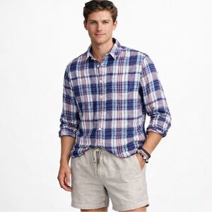L.L. Bean Men’s 100% Linen Button Down Shirt Long Sleeve Plaid Preppy